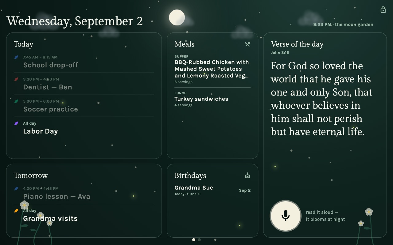 The FamilyDash screen on a winter evening: today's and tomorrow's events, the meal plan, the verse of the day, a moon and drifting snow, and flowers growing along the bottom edge.